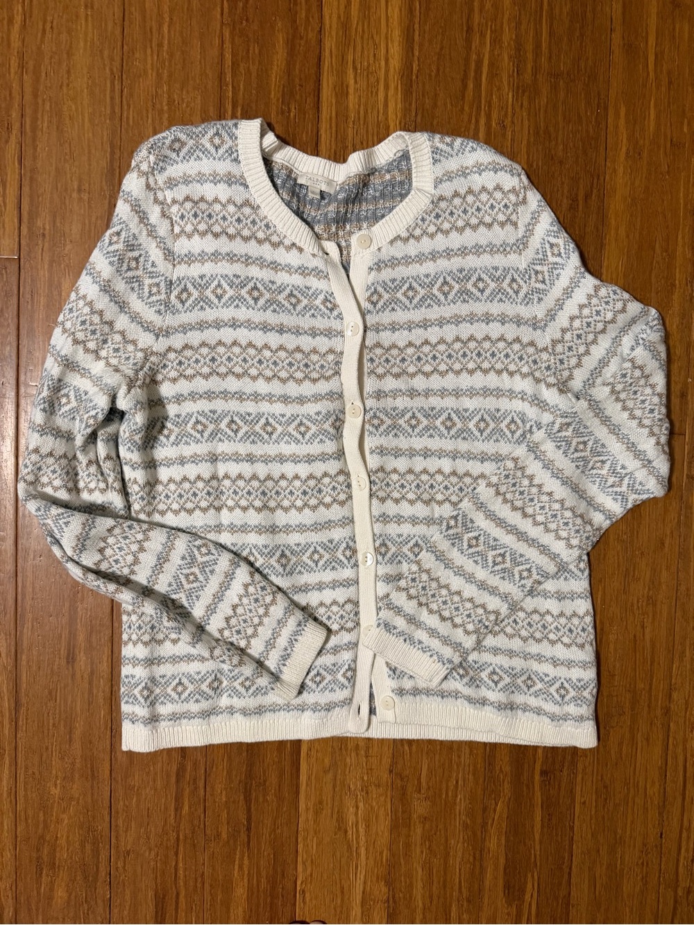 Talbots Cream and Light Gray Patterned Button-Front Cardigan